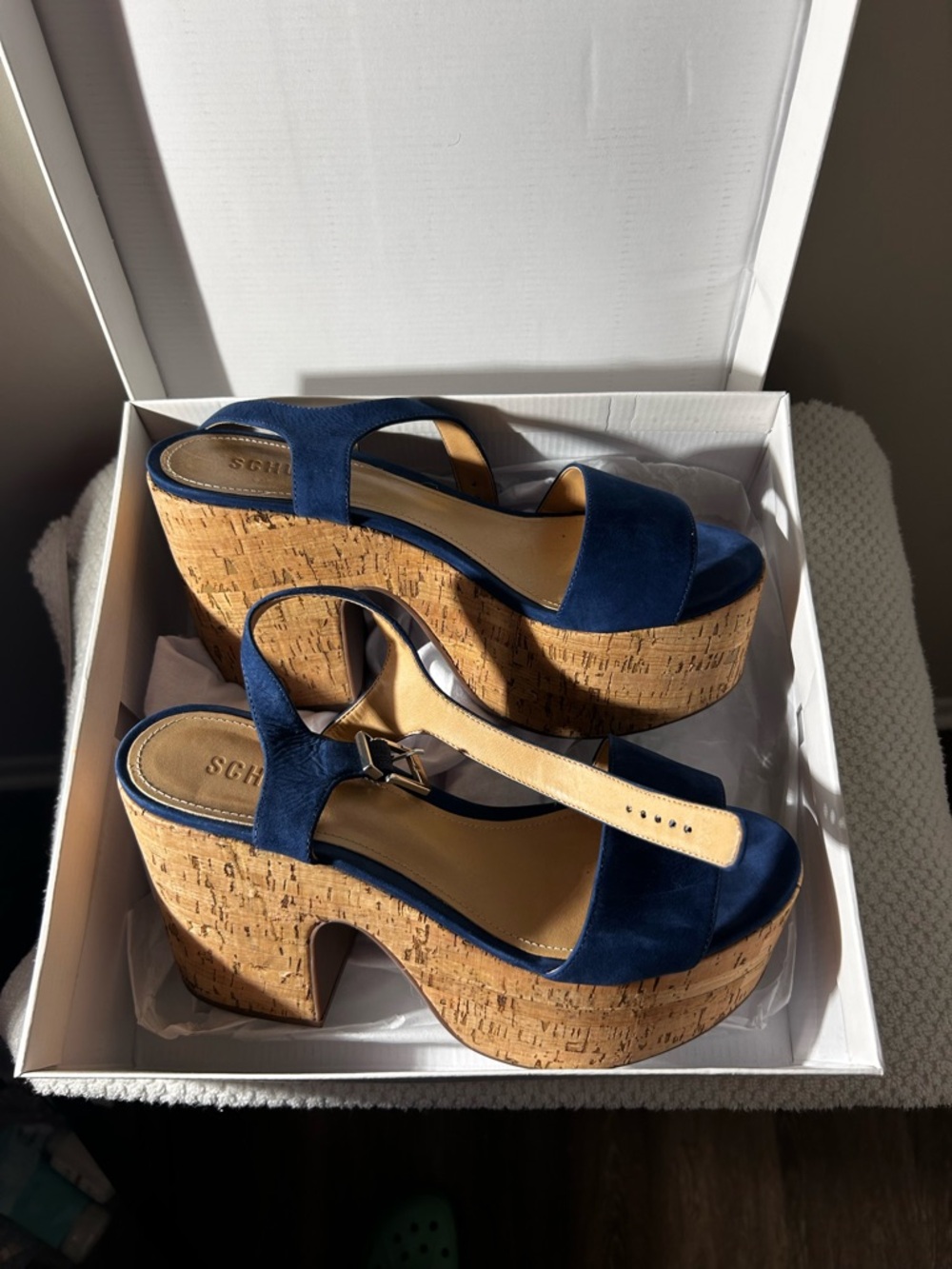 Schutz Sz 10 Blue Suede Cork Platform Sandals - Picture 3 of 16